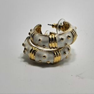 White Enamel And Gold Tone Hoop Earrings